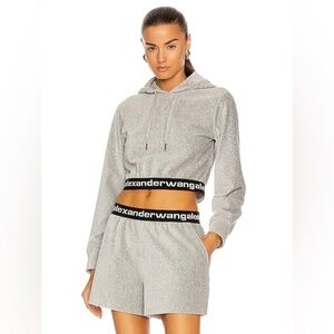 ALEXANDER WANG Stretch Corduroy Cropped Long Sleeve Hoodie in Heather Gray